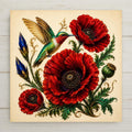 Three ruby red poppies and hummingbird ceramic art tile in crimson, sapphire, emerald and gold on cream, vintage botanical.