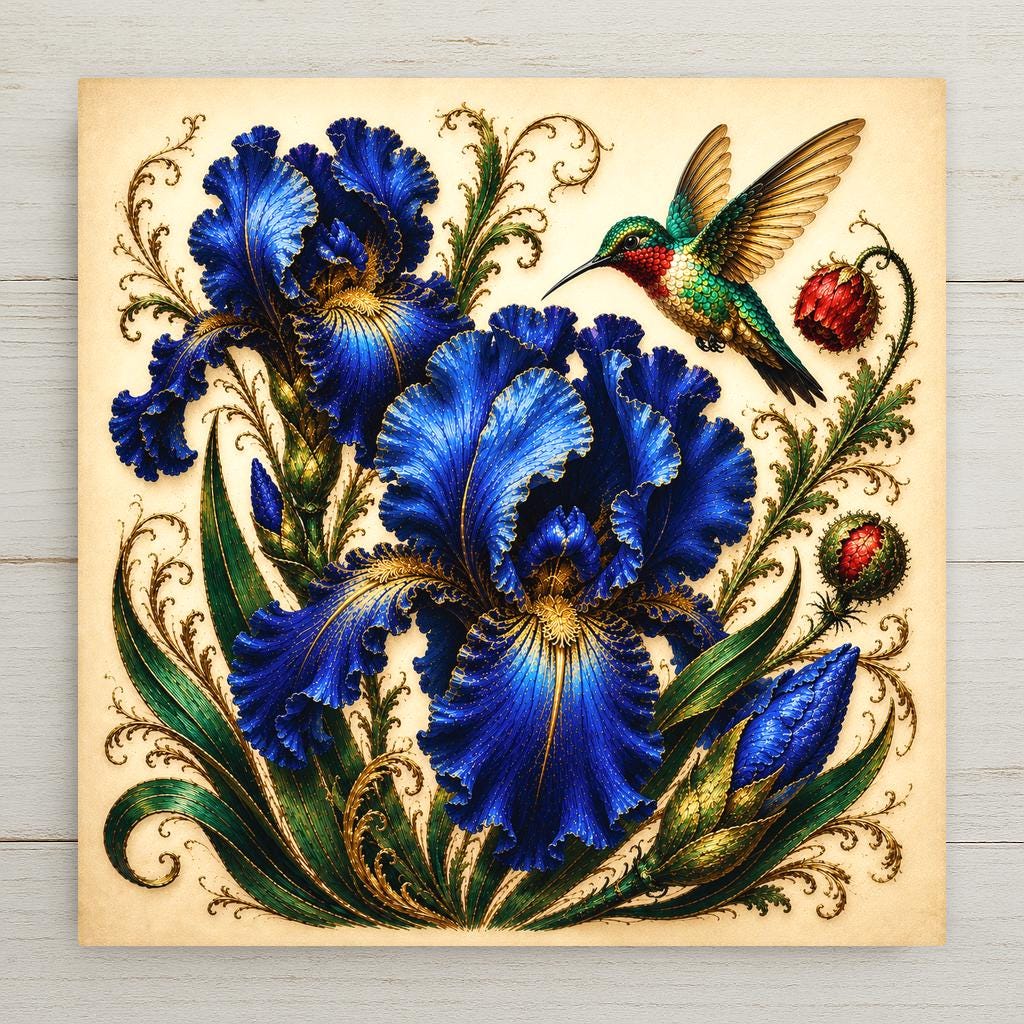 Three sapphire blue irises and hummingbird ceramic art tile in cobalt, ruby, emerald and gold on cream, vintage botanical.