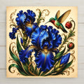 Three sapphire blue irises and hummingbird ceramic art tile in cobalt, ruby, emerald and gold on cream, vintage botanical.
