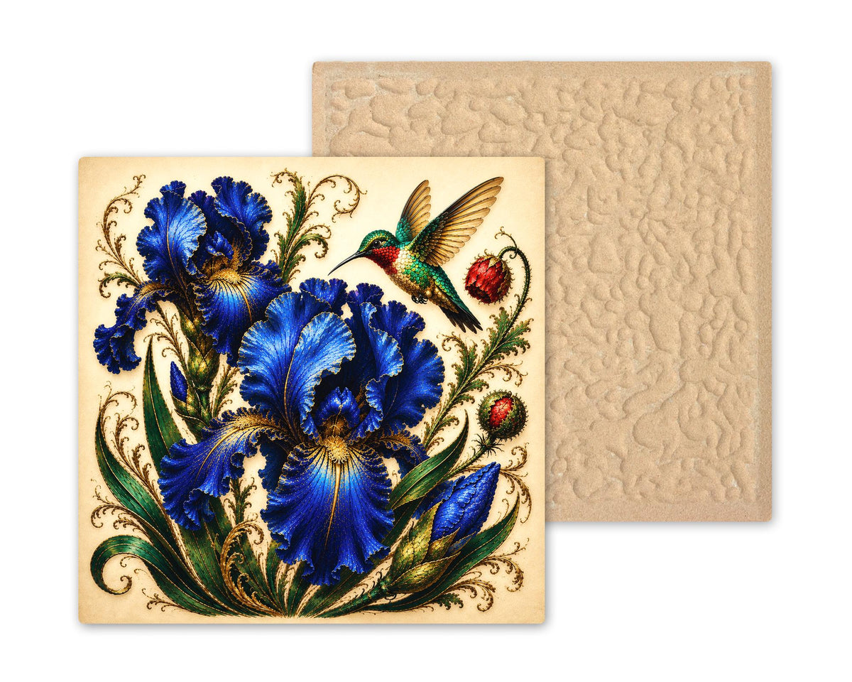 Sapphire Iris Hummingbird Ceramic Art Tile: Jewel Tone Floral Wall Decor Blue Home Decor Wall Art