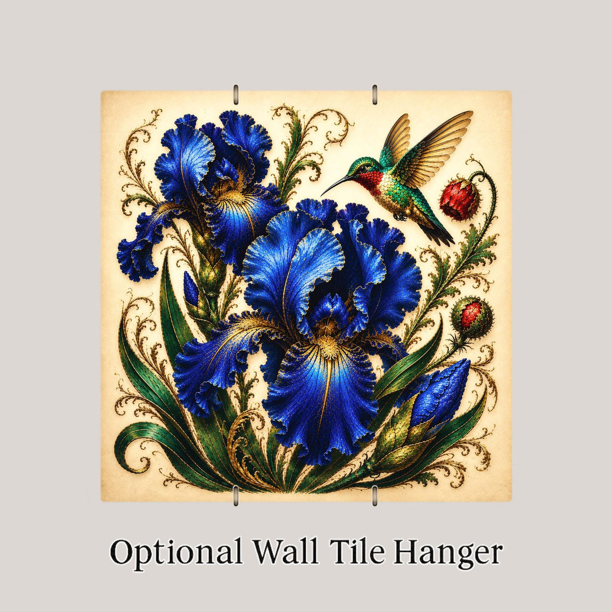 Sapphire Iris Hummingbird Ceramic Art Tile: Jewel Tone Floral Wall Decor Blue Home Decor Wall Art
