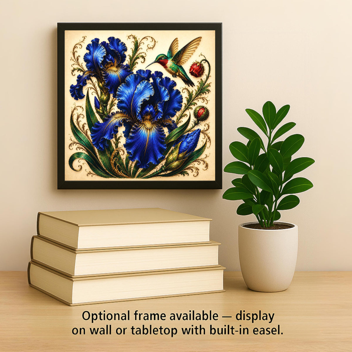 Sapphire Iris Hummingbird Ceramic Art Tile: Jewel Tone Floral Wall Decor Blue Home Decor Wall Art