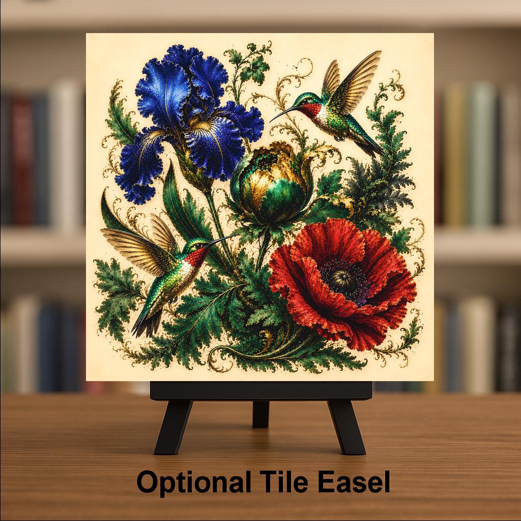 Hummingbird Garden Ceramic Art Tile: Jewel Tone Botanical Wall Decor Nature Home Decor Wall Art