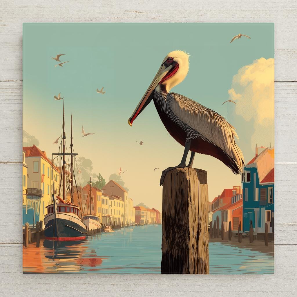Brown pelican ceramic art tile perched on a piling in soft brown, cream and golden hour light.