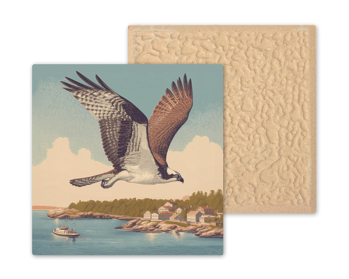 Osprey ceramic art tile in flight over a harbor with wings spread in soft brown, slate blue and golden light.