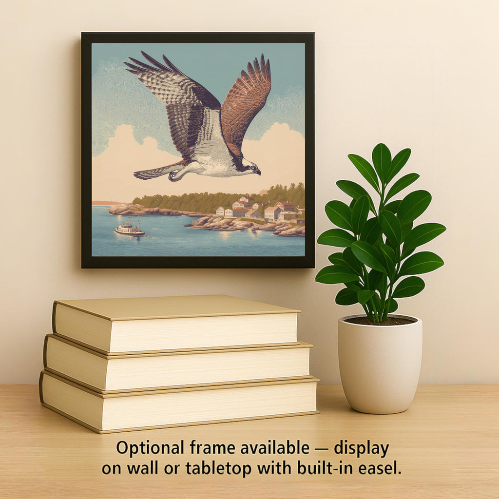 Osprey ceramic art tile in flight over a harbor with wings spread in soft brown, slate blue and golden light.