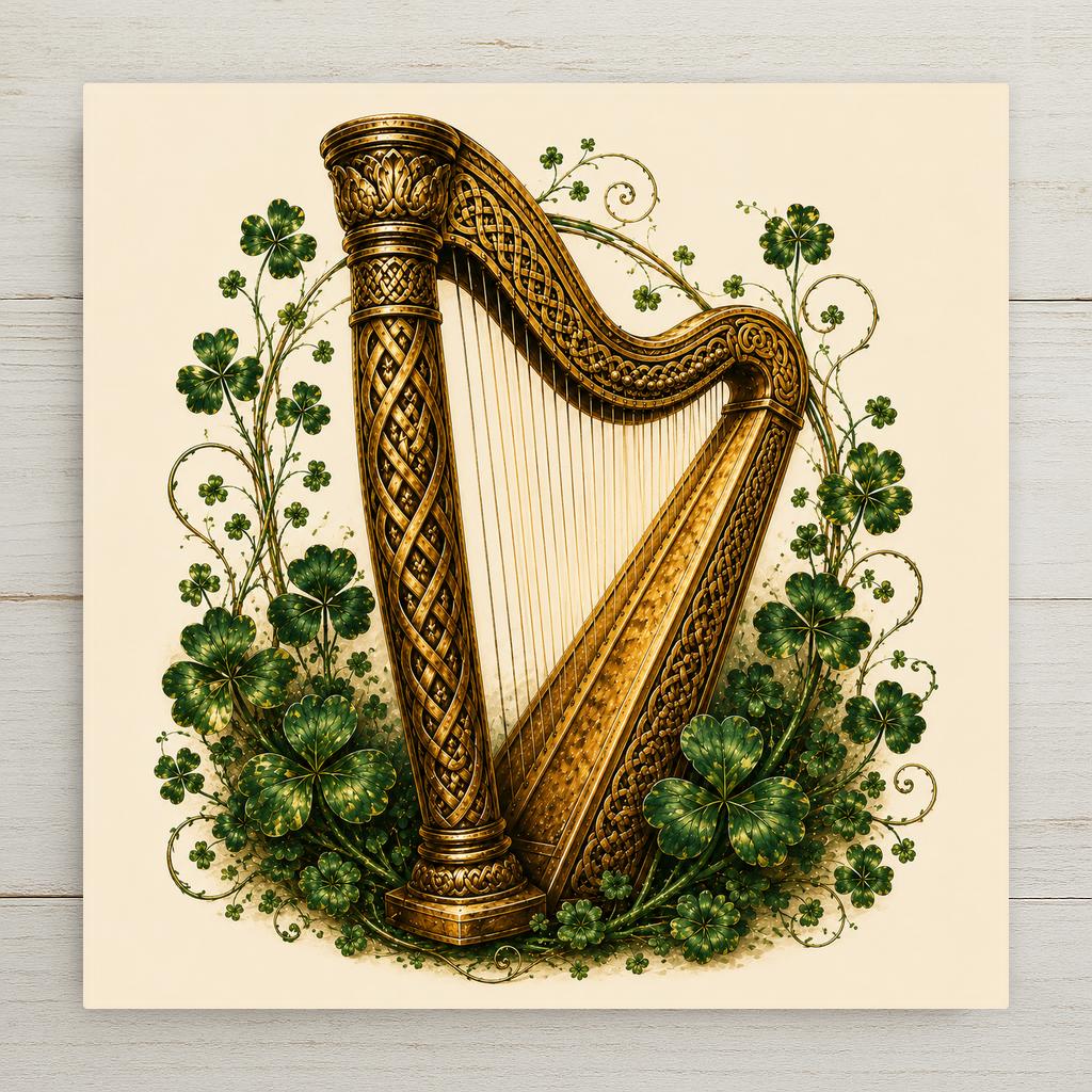 Irish gold harp with Celtic knotwork and shamrocks ceramic art tile in emerald, brushed gold and stout brown on cream.