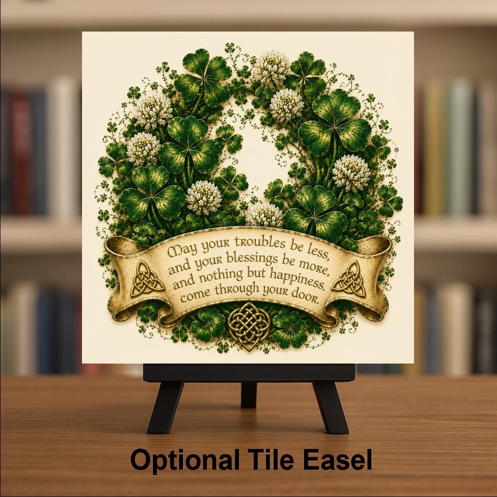 Irish Blessing Shamrock Ceramic Art Tile: St Patricks Day Wall Decor Irish Gift Home Decor Wall Art