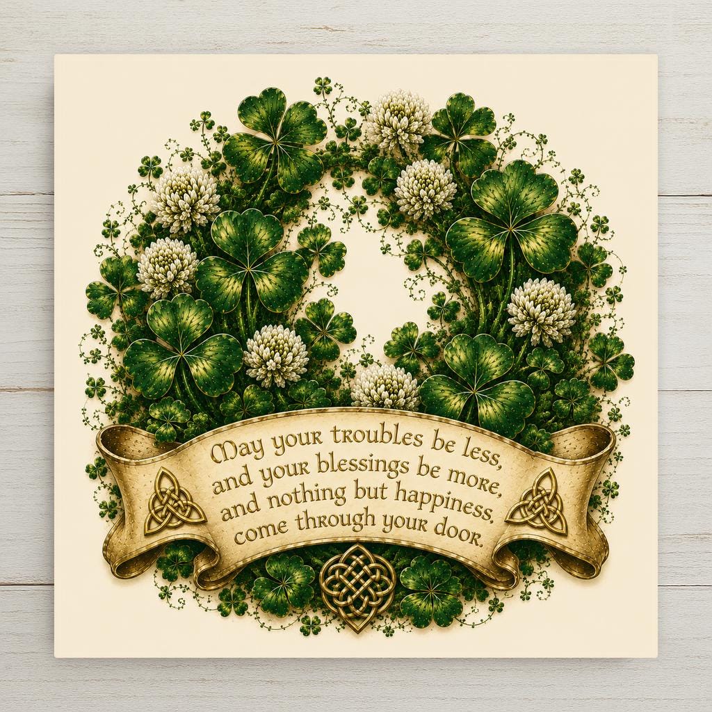 Irish blessing shamrock wreath ceramic art tile with Gaelic banner in emerald, brushed gold and stout brown on cream.