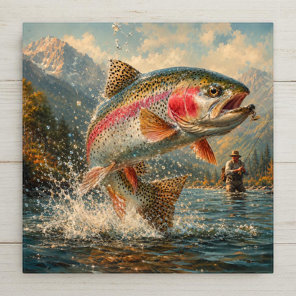 Rainbow trout leaping with fly hook in mouth ceramic art tile with distant fly fisherman in misty stream, vivid pink and silver.