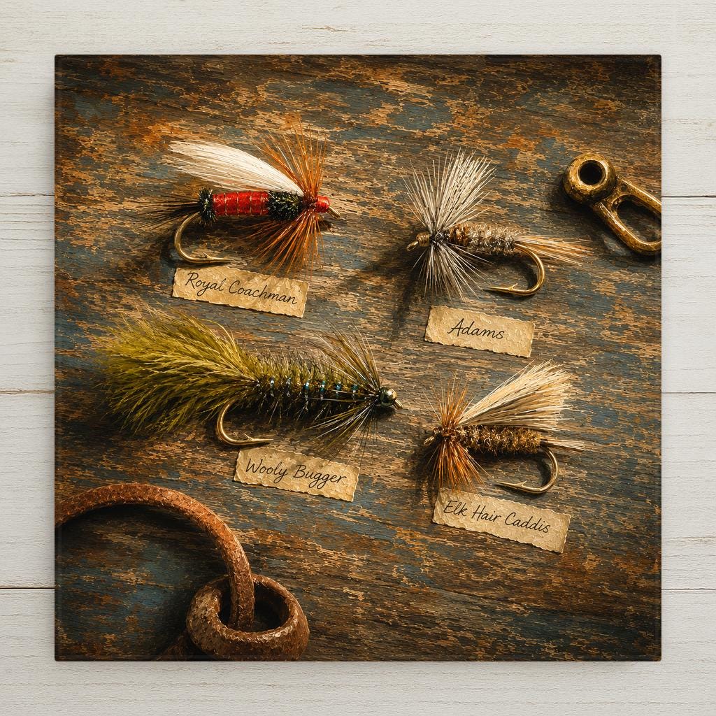 Classic trout fishing flies still life ceramic art tile on weathered wood, Royal Coachman, Adams and Wooly Bugger in olive, amber and red.