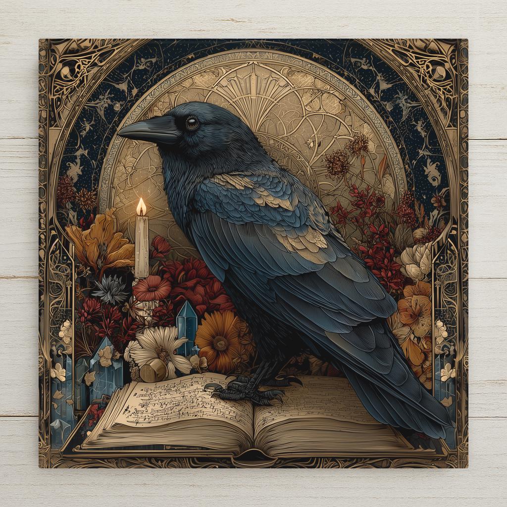 Ornate stained glass style ceramic art tile featuring a glossy black raven perched on an ancient open spellbook with dried botanicals, candle, and crystals on a midnight blue and gold background. Dark academia gothic decor with optional tile wall hanger, easel stand, cork backing, or premium frame.