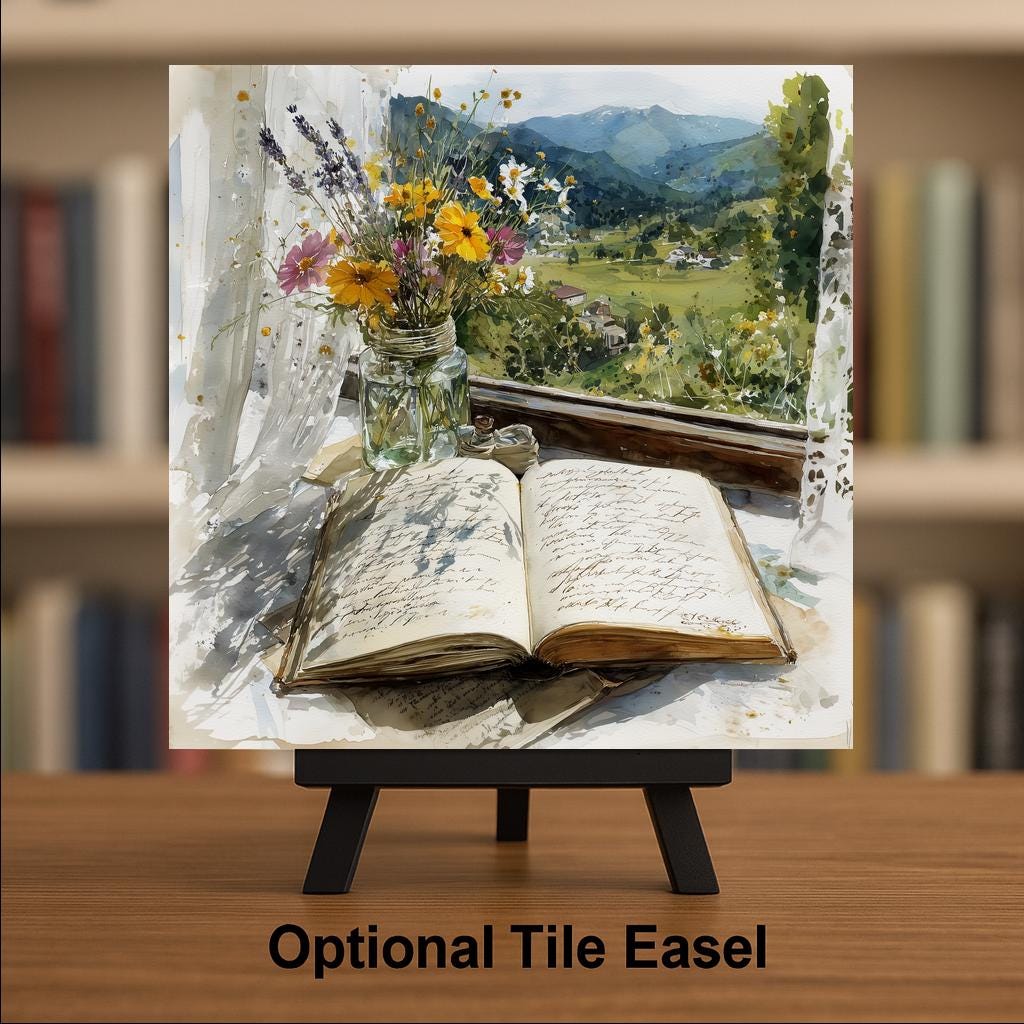 Book and Wildflowers Ceramic Art Tile: Cottagecore Bookshelf Book Nook Wall Decor Gift for Her Garden Reader Home Decor