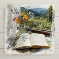Soft cottagecore watercolor ceramic art tile featuring an open vintage book on a sunny cottage windowsill with wildflower bouquet, drifting linen curtains, and distant green hills in sage, dusty pink, butter yellow, and lavender palette. Cozy reader decor with optional tile wall hanger, easel stand, cork backing, or premium frame.