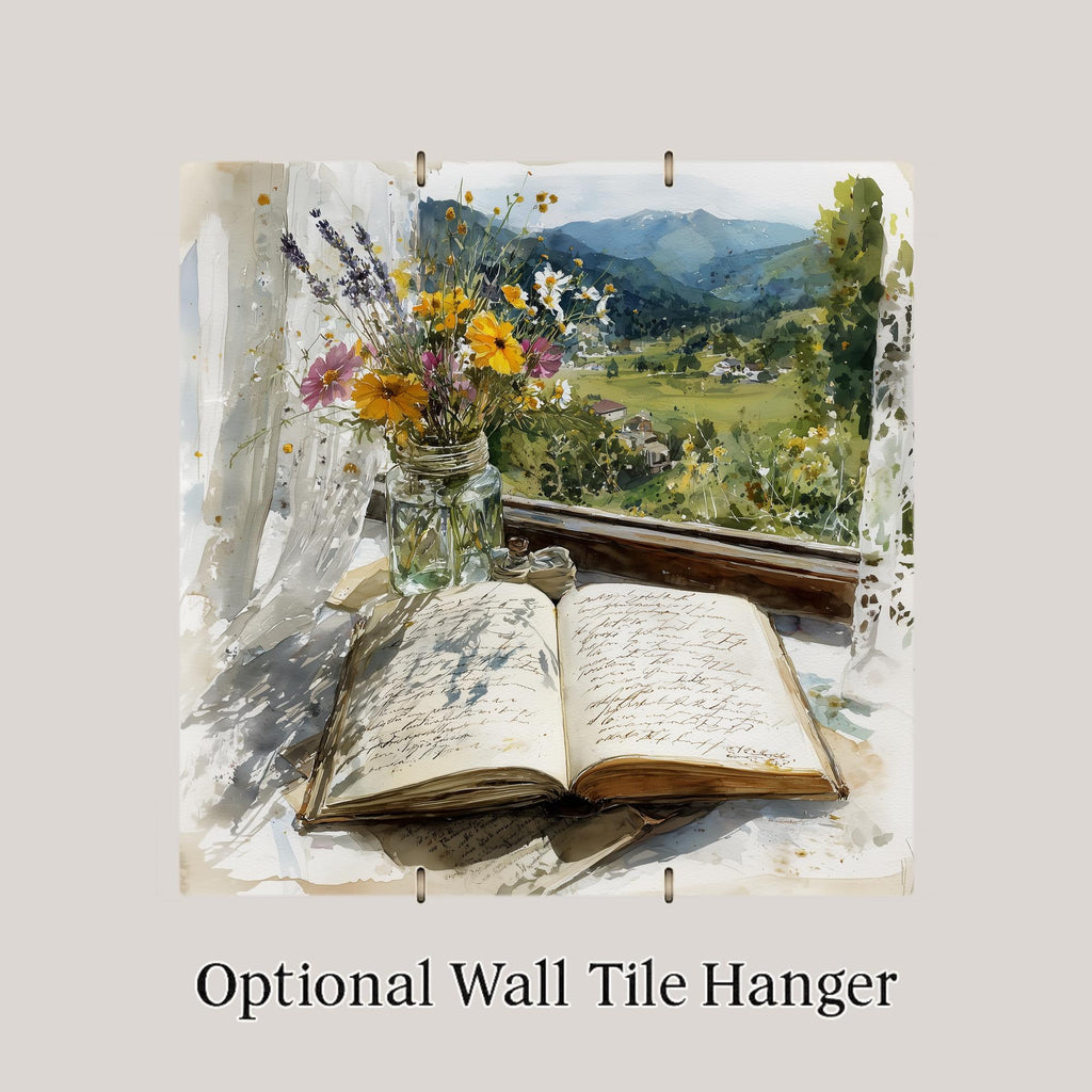 Book and Wildflowers Ceramic Art Tile: Cottagecore Bookshelf Book Nook Wall Decor Gift for Her Garden Reader Home Decor