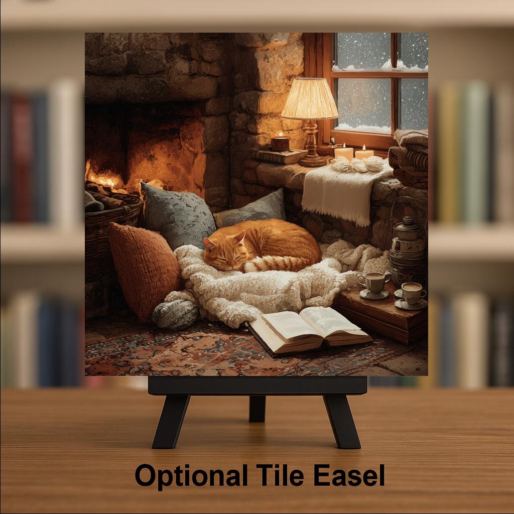 Cat Reading by Fireplace Ceramic Art Tile: Cottagecore Bookshelf Book Nook Wall Decor Gift for Her Cat Lover Home Decor
