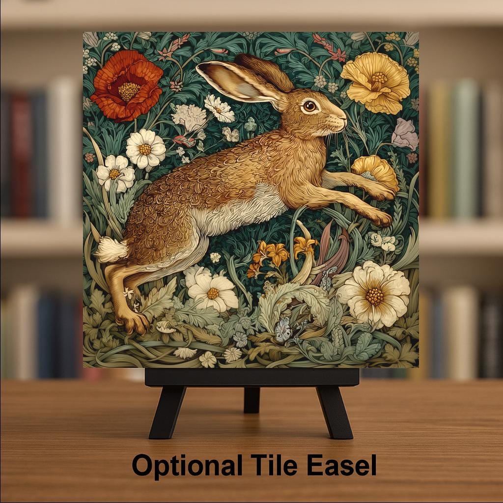 William Morris Leaping Hare Ceramic Art Tile: Woodland Wildflower Wall Decor Art Nouveau Vintage Art Traditional Home Decor