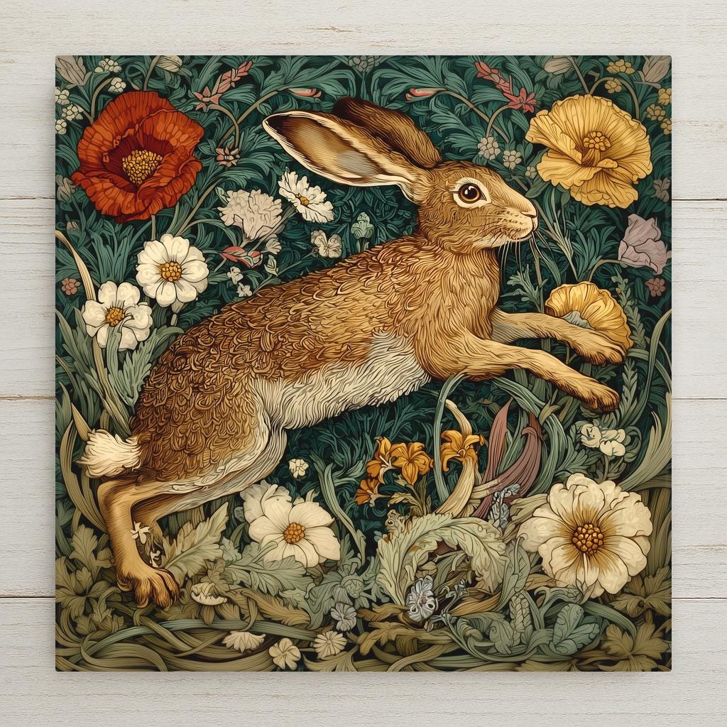William Morris style ceramic art tile featuring an energetic leaping hare in mid-bound across a sunlit wildflower meadow with poppies, daisies, and cornflowers in meadow green, sunny gold, soft red, lavender, and cream palette. Whimsical cottagecore decor with optional tile wall hanger, easel stand, cork backing, or premium frame.