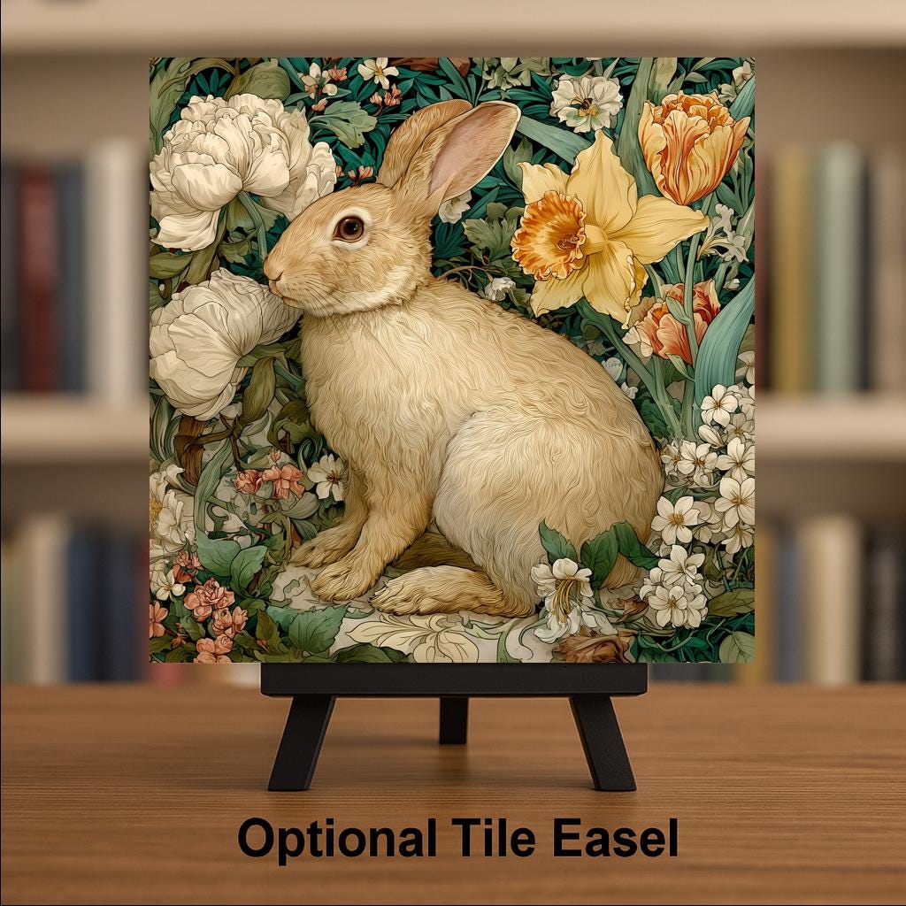 William Morris Spring Rabbit Ceramic Art Tile: Easter Wall Decor Art Nouveau Vintage Mother Day Gift Traditional Home Decor