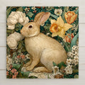 William Morris style ceramic art tile featuring a serene sitting rabbit among spring botanicals, tulips, daffodils, hyacinths, primroses, and cherry blossoms in fresh spring green, daffodil yellow, soft pink, lavender, and cream palette. Easter and Mother's Day gift decor with optional tile wall hanger, easel stand, cork backing, or premium frame.
