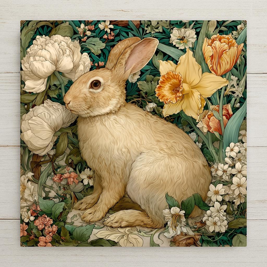 William Morris style ceramic art tile featuring a serene sitting rabbit among spring botanicals, tulips, daffodils, hyacinths, primroses, and cherry blossoms in fresh spring green, daffodil yellow, soft pink, lavender, and cream palette. Easter and Mother's Day gift decor with optional tile wall hanger, easel stand, cork backing, or premium frame.