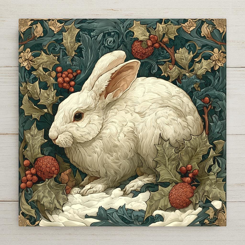 William Morris style ceramic art tile featuring a serene white winter rabbit in a snowy scene with holly berries, pine boughs, mistletoe, and evergreens in deep evergreen, holly red, antique gold, and snowy white palette. Heritage Christmas decor with optional tile wall hanger, easel stand, cork backing, or premium frame.