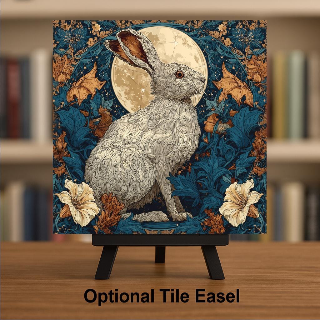 William Morris Moonlight Hare Ceramic Art Tile: Celestial Wall Decor Art Nouveau Vintage Art Traditional Home Decor Bookshelf