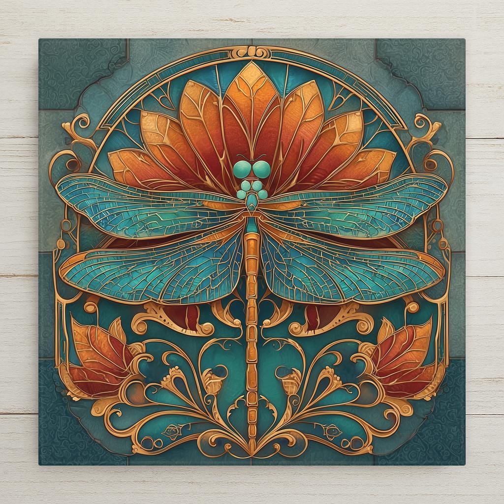 Ornate Art Deco ceramic art tile featuring a single elegant dragonfly with detailed wings against a vintage bronze patina background with antique gold accents, geometric framework, and sunburst rays in classic 1920s vintage bronze, oxidized copper, oxblood, and rich amber palette. Retro Great Gatsby decor with optional tile wall hanger, easel stand, cork backing, or premium frame.