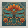 Ornate Art Deco ceramic art tile featuring a single elegant dragonfly with detailed wings against a vintage bronze patina background with antique gold accents, geometric framework, and sunburst rays in classic 1920s vintage bronze, oxidized copper, oxblood, and rich amber palette. Retro Great Gatsby decor with optional tile wall hanger, easel stand, cork backing, or premium frame.