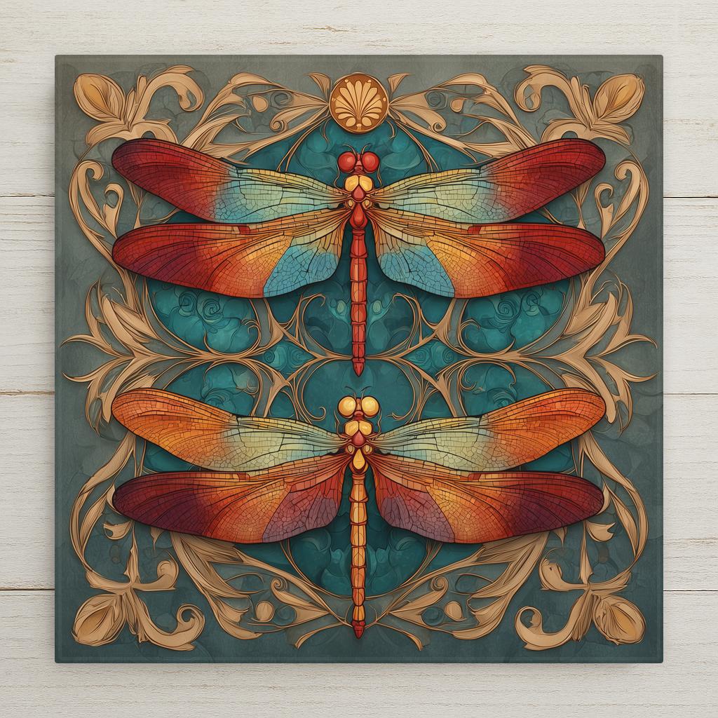 Art Deco ceramic art tile featuring two elegant dragonflies in mirrored symmetrical composition against vintage bronze patina background with antique gold accents, central sunburst medallion, and botanical filigree in 1920s vintage bronze, oxidized copper, oxblood, and rich amber palette. Tender anniversary couples decor with optional tile wall hanger, easel stand, cork backing, or premium frame.