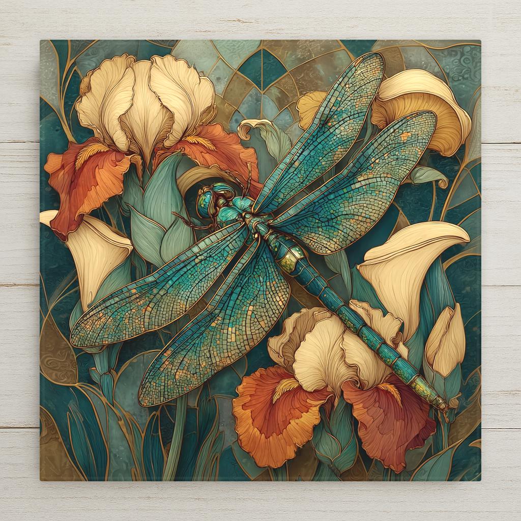Art Deco ceramic art tile featuring an elegant dragonfly in flight above stylized irises, water lilies, and garden botanicals against vintage bronze patina background with antique gold accents in 1920s vintage bronze, oxidized copper, oxblood, rich amber, soft emerald, and pale rose palette. Heritage botanical decor with optional tile wall hanger, easel stand, cork backing, or premium frame.
