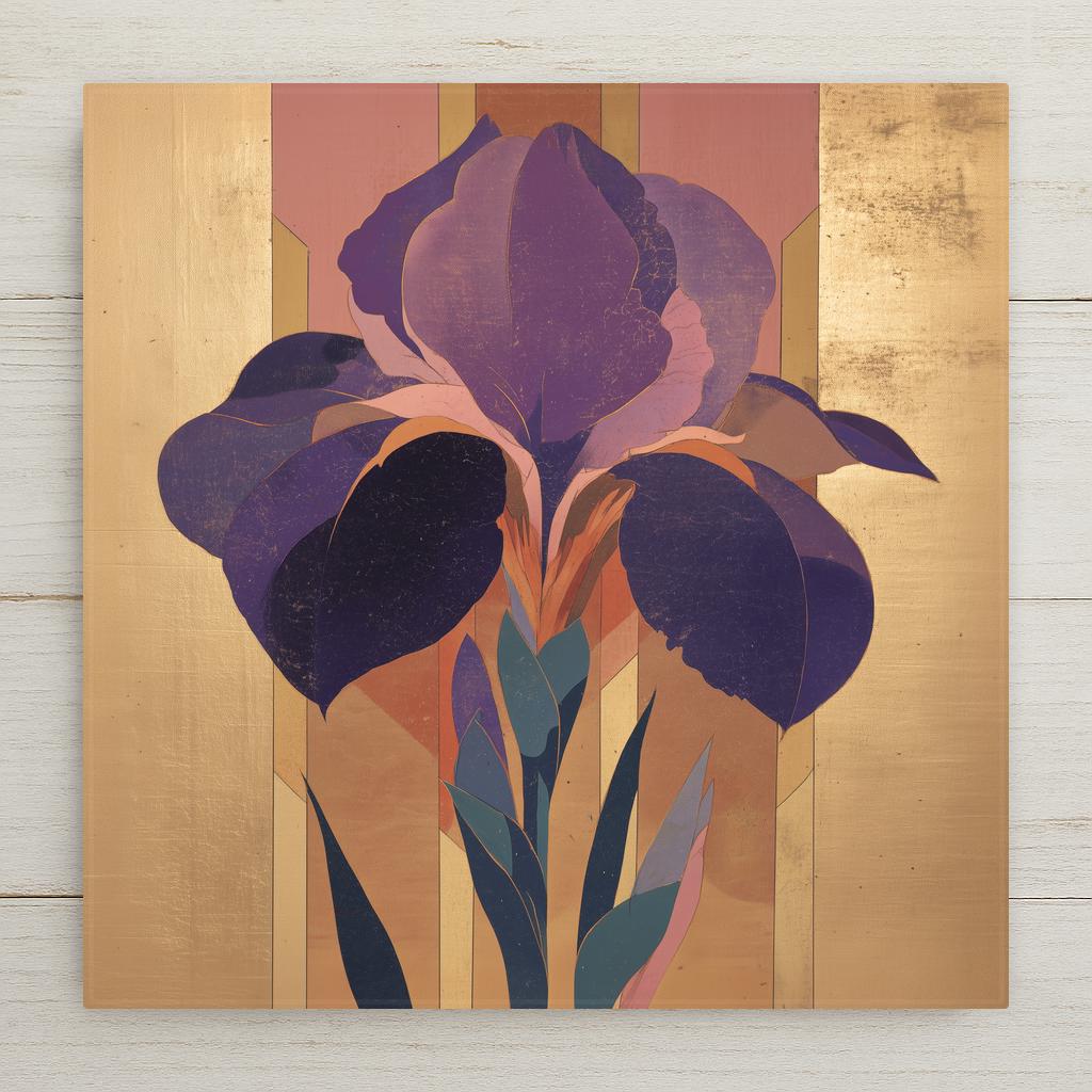 Authentic 1920s Art Deco poster style ceramic art tile featuring a single bold iris flower simplified into flat geometric petal forms against geometric ziggurat architecture with gold leaf metallics in classic Roaring 20s deep purple, brass gold, oxblood, copper, and aged amber palette. Heritage 1925 Paris Expo decor with optional tile wall hanger, easel stand, cork backing, or premium frame.