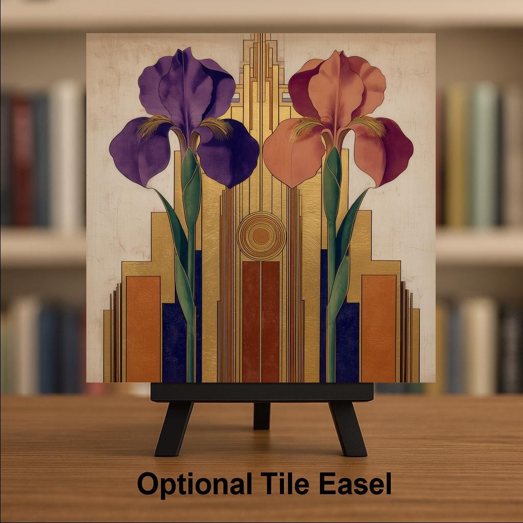Art Deco Iris Pair Ceramic Art Tile: Roaring 20s Wall Decor Anniversary Gift Art Nouveau Gallery Home Decor Couples Iris