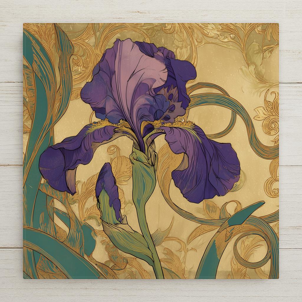 Authentic 1900 Art Nouveau poster style ceramic art tile featuring a single iris flower in flowing Mucha-influenced style with whiplash curving stems and trailing leaves against vintage bronze and antique gold background with cream highlights in heritage vintage bronze, sage green, oxidized copper, deep purple, and lavender palette. Heritage botanical poster decor with optional tile wall hanger, easel stand, cork backing, or premium frame.
