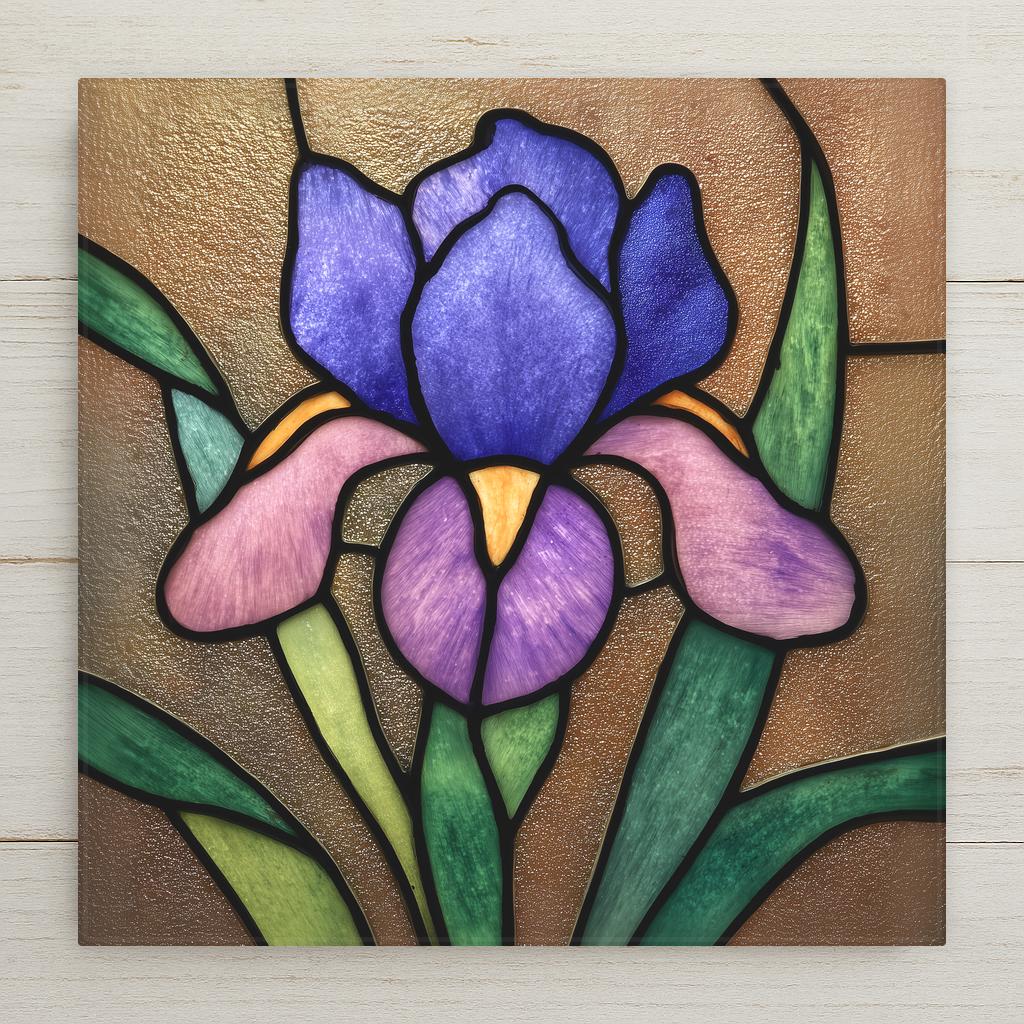 Authentic 1900 American stained glass style ceramic art tile featuring an elegant iris flower in faux leaded-glass technique with jewel-toned petals divided by thick black leading in deep purple, emerald green, amber gold, cobalt blue, and oxidized bronze palette. Heritage Art Nouveau stained glass decor with optional tile wall hanger, easel stand, cork backing, or premium frame.