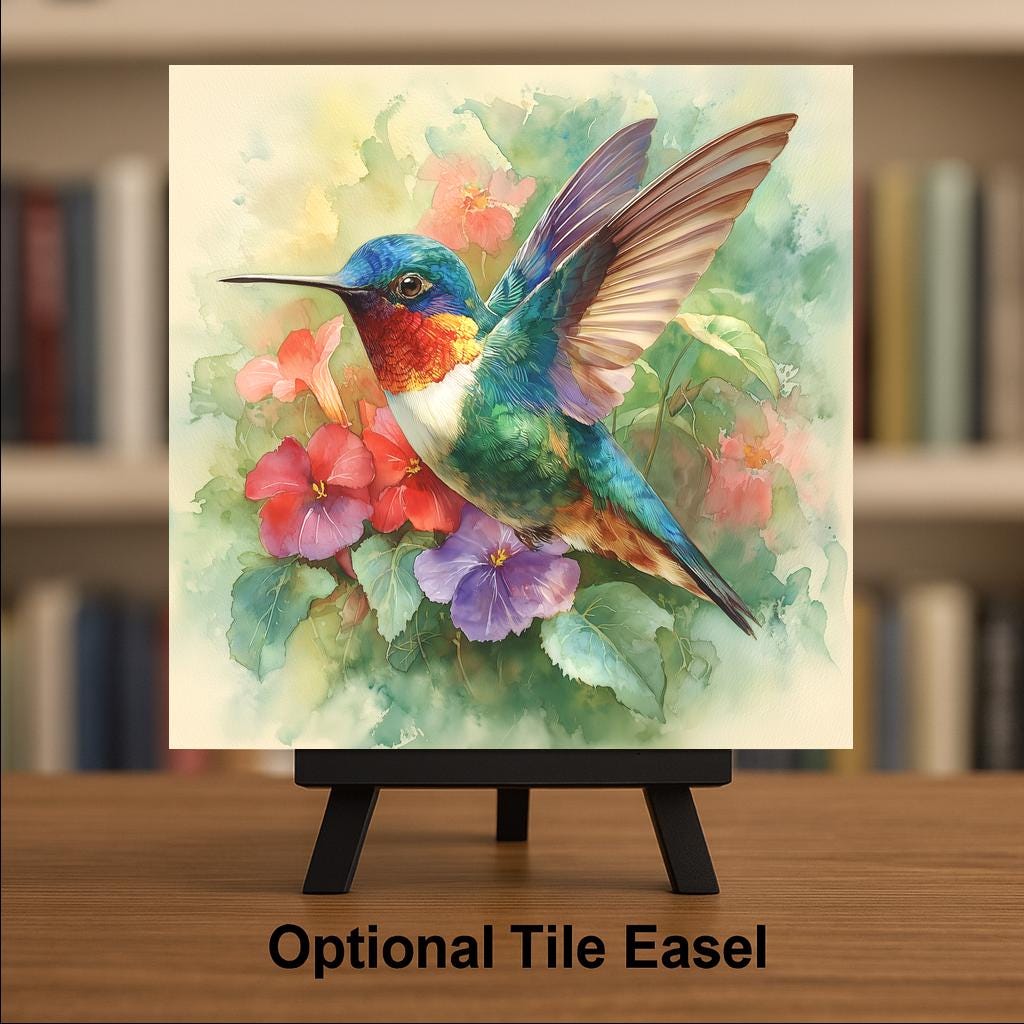Hummingbird Ceramic Art Tile: Colorful Wall Decor Floral Garden Bird Lover Gift Home Decor Watercolor Bird Art Painting
