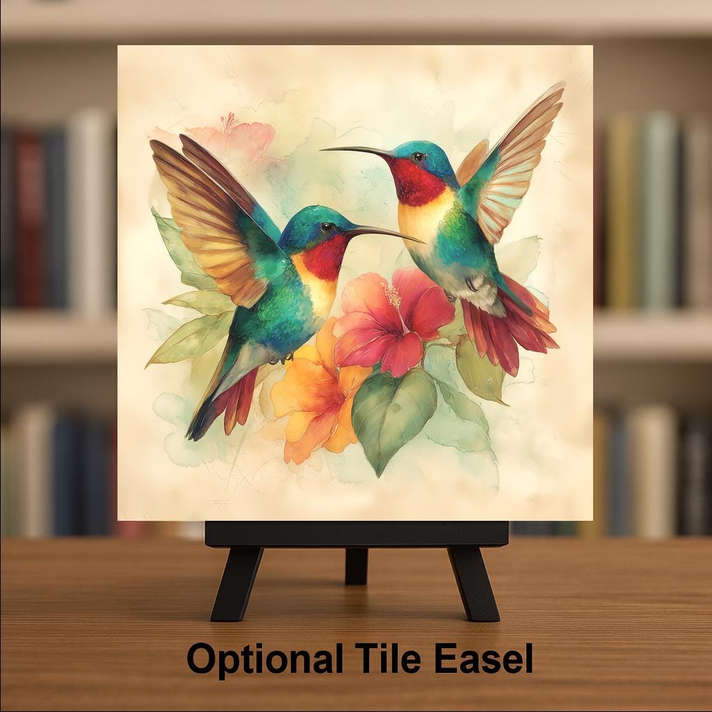 Hummingbird Pair Ceramic Art Tile: Colorful Wall Decor Anniversary Gift Bird Lover Floral Home Decor Watercolor Bird Art