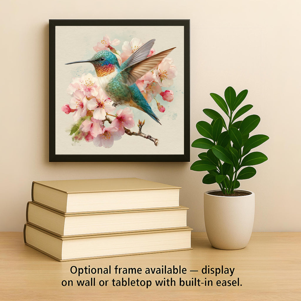 Hummingbird Cherry Blossoms Ceramic Art Tile: Colorful Spring Wall Decor Bird Lover Gift Home Decor Watercolor Bird Art
