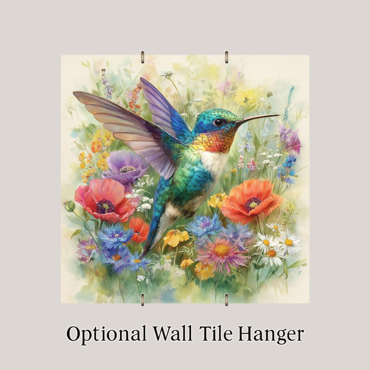 Hummingbird Wildflowers Ceramic Art Tile: Colorful Cottagecore Wall Decor Bird Lover Gift Home Decor Watercolor Bird Art
