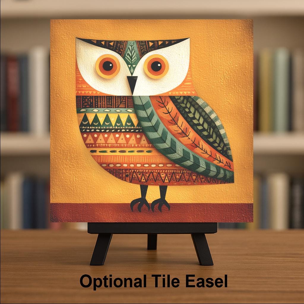Whimsical Owl Folk Art Ceramic Art Tile: Nature Lover Wall Decor Rustic Home Decor Owl Lover Gift Cottagecore Bird Art
