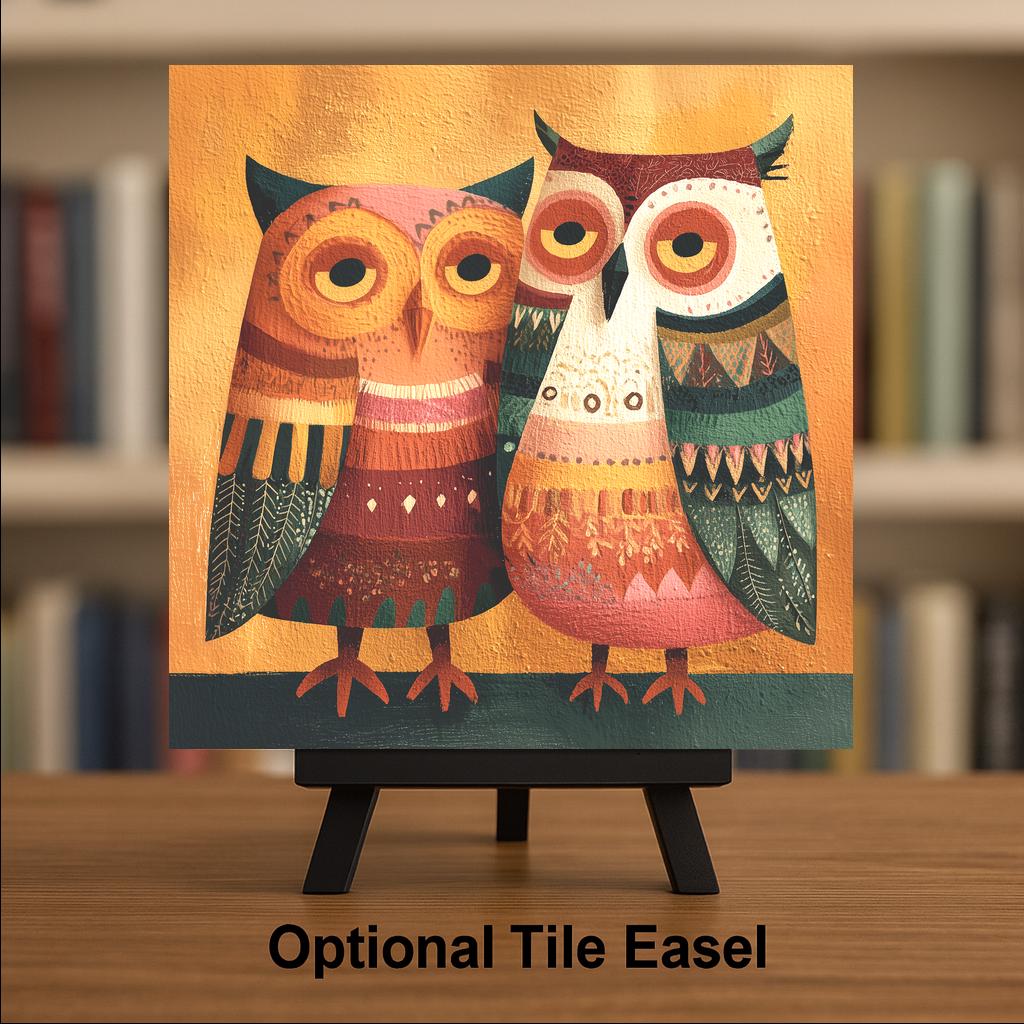 Whimsical Owl Pair Folk Art Ceramic Art Tile: Nature Wall Decor Anniversary Gift Rustic Home Decor Owl Lover Cottagecore