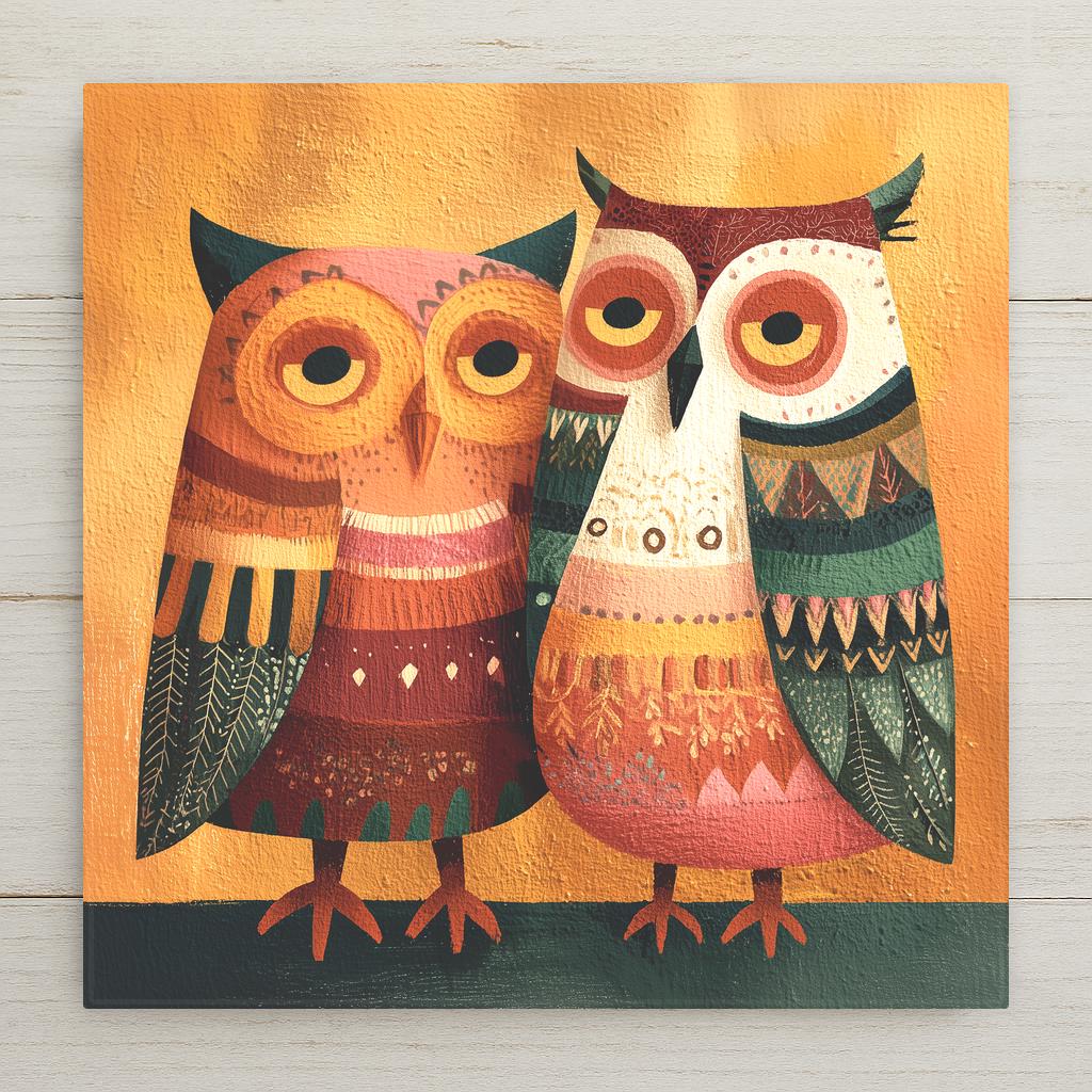 Whimsical folk art ceramic art tile featuring two stylized owls perched together facing each other tenderly with bold geometric body patterns and large expressive eyes in warm rustic palette of deep mustard, terracotta, forest green, cream, oxblood, dusty pink, and warm brown. Romantic anniversary couples decor with optional tile wall hanger, easel stand, cork backing, or display frame.