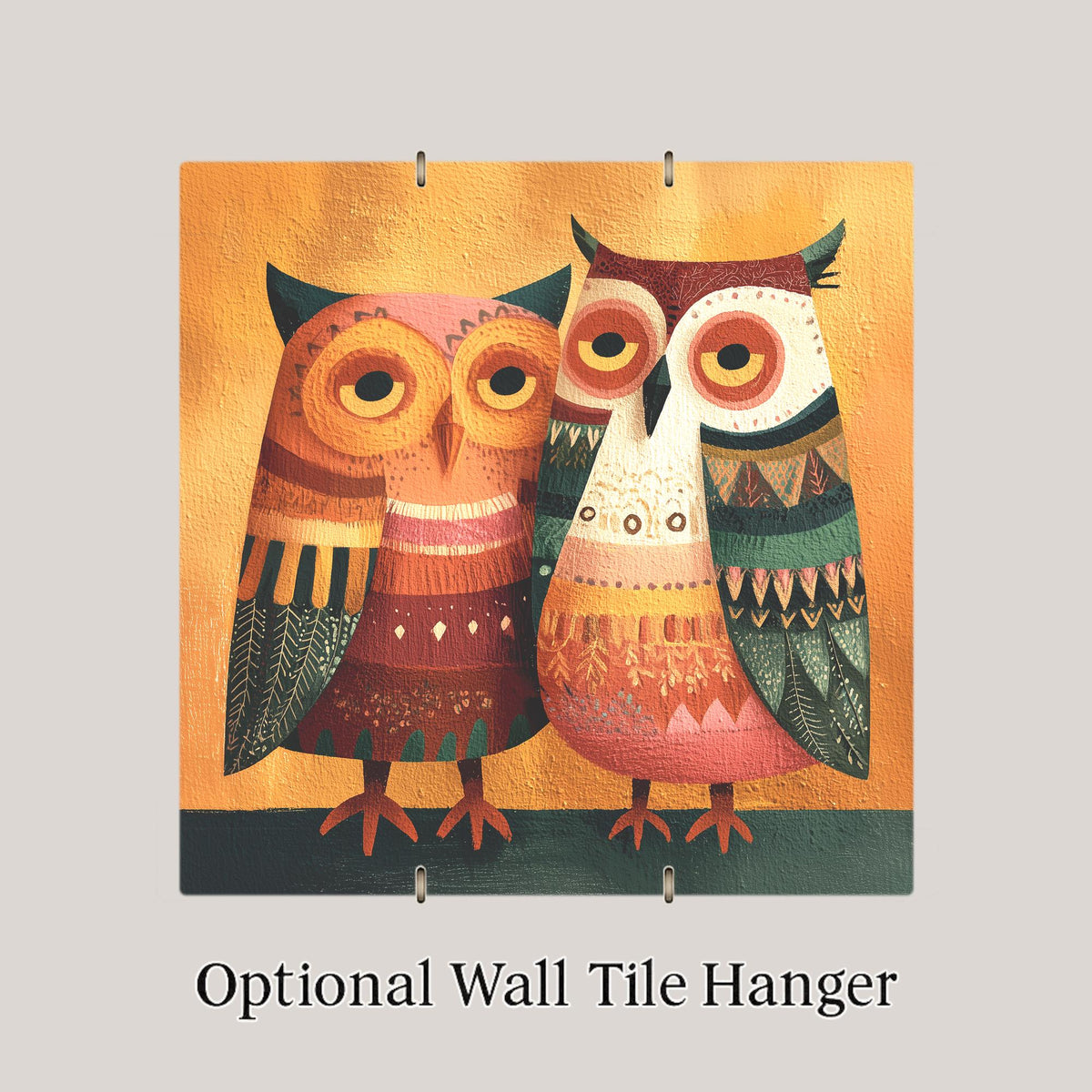 Whimsical Owl Pair Folk Art Ceramic Art Tile: Nature Wall Decor Anniversary Gift Rustic Home Decor Owl Lover Cottagecore