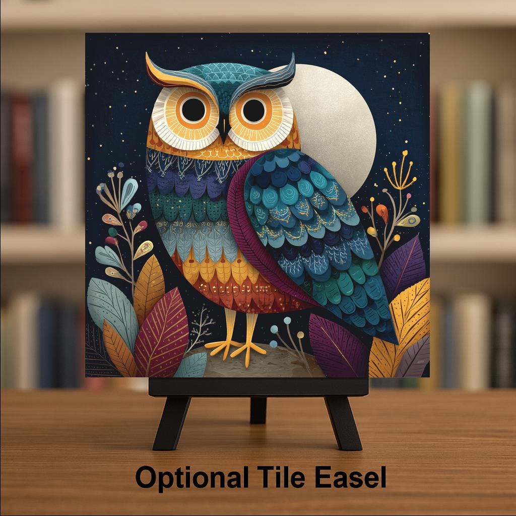 Moonlight Owl Folk Art Ceramic Art Tile: Celestial Wall Decor Rustic Nature Home Decor Owl Lover Gift Night Bird Art