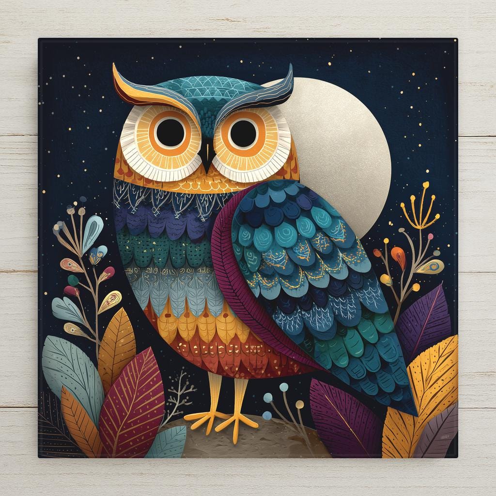 Whimsical folk art ceramic art tile featuring a stylized owl perched beneath a silver full moon and scattered stars in twilight palette of deep midnight blue, silver moon white, dusty purple, warm gold, cream, and sage green. Celestial cottagecore night bird decor with optional tile wall hanger, easel stand, cork backing, or display frame.