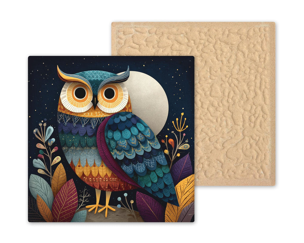 Moonlight Owl Folk Art Ceramic Art Tile: Celestial Wall Decor Rustic Nature Home Decor Owl Lover Gift Night Bird Art