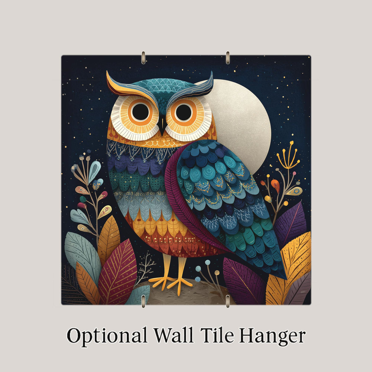 Moonlight Owl Folk Art Ceramic Art Tile: Celestial Wall Decor Rustic Nature Home Decor Owl Lover Gift Night Bird Art