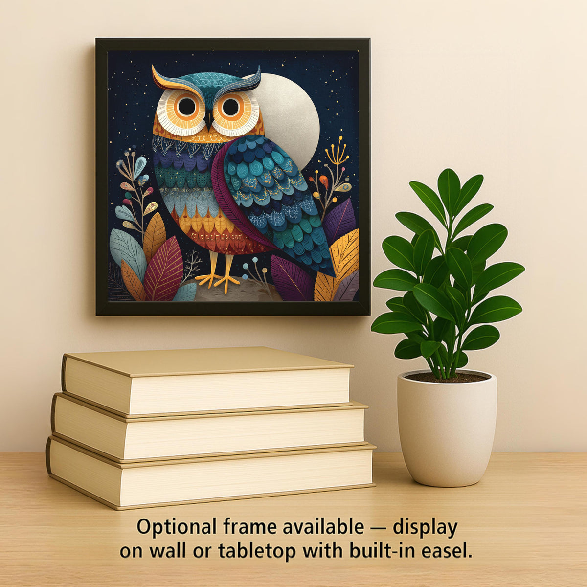 Moonlight Owl Folk Art Ceramic Art Tile: Celestial Wall Decor Rustic Nature Home Decor Owl Lover Gift Night Bird Art