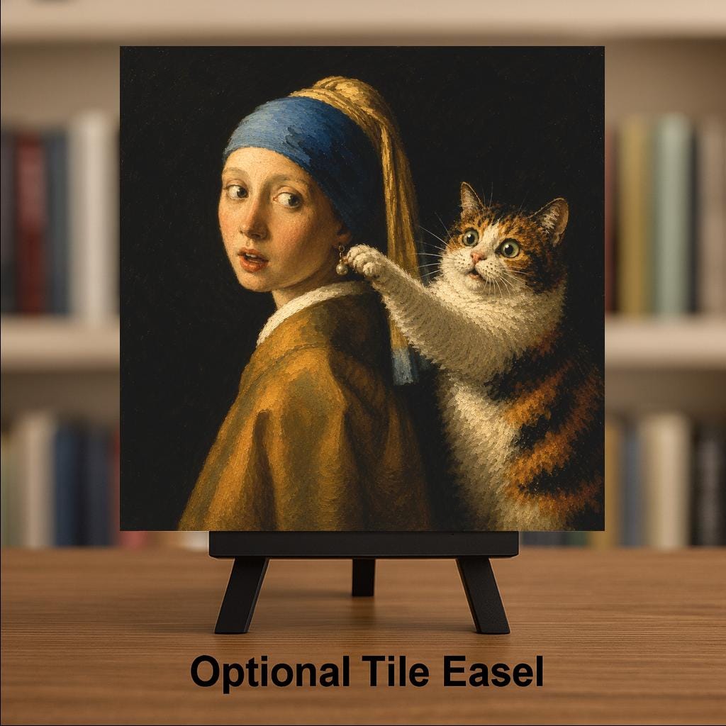 Funny Cat Ceramic Art Tile: Cat and the Pearl Earring Famous Painting Parody Wall Decor Art Lover Gift Quirky Home Decor