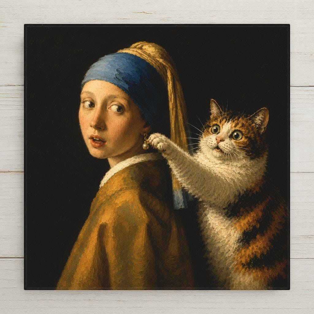 Funny ceramic art tile featuring a calico cat batting at the famous dangling pearl earring while the startled young woman turns, in Dutch Golden Age style, in deep teal-blue, gold ochre, and warm tones against a dark background. Art history parody cat lover gift with optional tile wall hanger, easel stand, cork backing, or display frame.